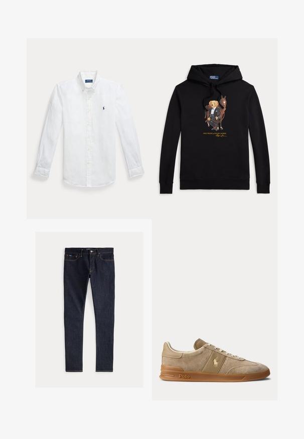 Must kapuutsiga dressipluus Polo Karuga smokis, kes hoiab hobuse ohje, tekst "POLO BEAR by RALPH LAUREN" graafika all.; Valge linane pikkade varrukatega nööpidega särk, millel on terav krae ja vasakul rinnal sinine tikandiga logo. Omab nööpkäeotsasid.; Tumedatest sinises denimi kitsad püksid, millel on viis taskut, kollane õmblus ja nööbiga sulgur vööl. Sile tekstuur.; Beež color veluurist ja nahast madala säärega toss kummikõrrega, valgete paelte ja Polo logoga küljel ning tallal.