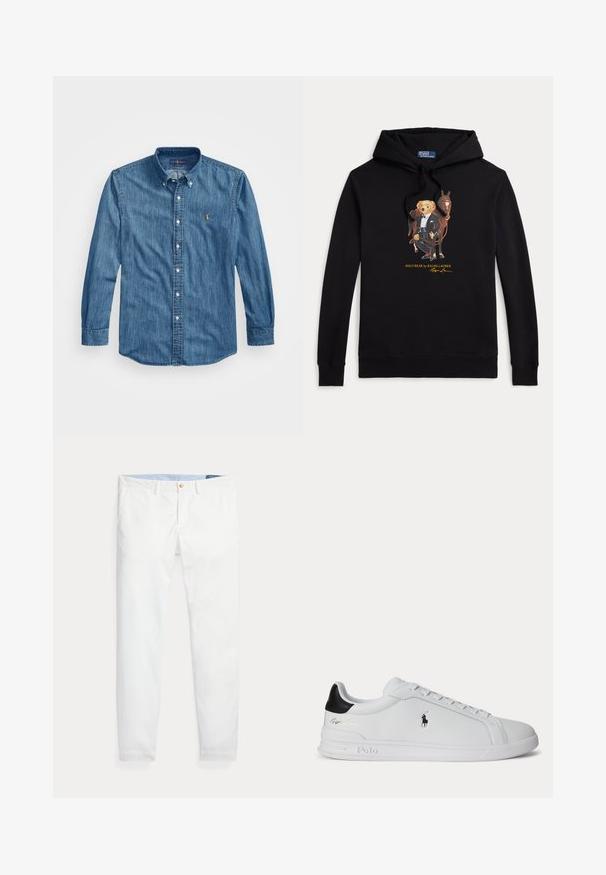 Zwarte hoodie met Polo Bear in een smoking die de teugels van een paard vasthoudt, tekst "POLO BEAR by RALPH LAUREN" onder de afbeelding.; Button-down spijkerblouse in middentint blauw met een puntige kraag, lange mouwen en een klein geborduurd logo op de borst. Zachte textuur.; Witte katoenen chino's met een slim fit, voorzien van een enkele gouden knoopsluiting en een lichtblauwe binnenband. Gladde textuur zonder patronen.; Witte lage sneaker met zwarte hieltab, veters en Polo Ralph Lauren-logo aan de zijkant, met gegraveerde zooldetails.