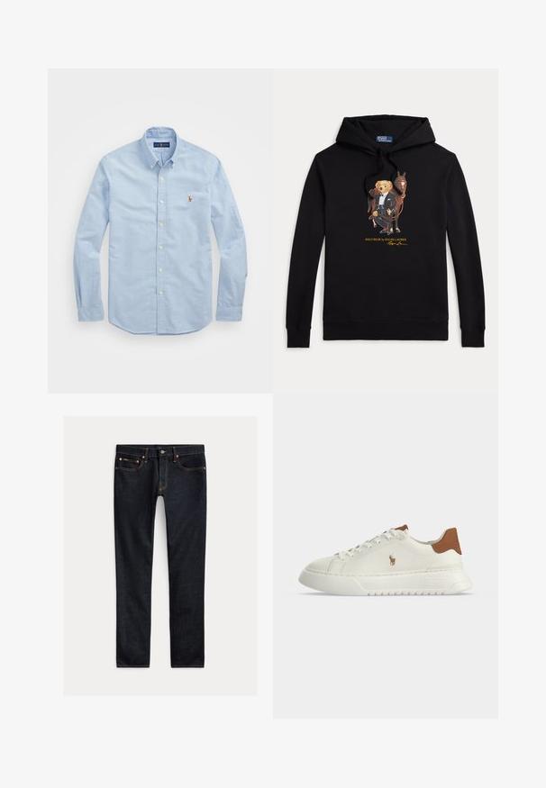 Schwarzer Hoodie mit Polo Bear im Smoking, der die Zügel eines Pferdes hält, Text "POLO BEAR by RALPH LAUREN" unter der Grafik.; Himmlisch blaues Langarm-Hemd aus Baumwolle mit klassischem Kragen und kleinem roten gestickten Logo auf der Brust.; Dunkelblaue Slim-Fit-Jeans mit fünf Taschen, Knopfverschluss und Kontrastnähten, flach auf hellem Hintergrund ausgelegt.; Weißer Sneaker mit niedrigem Schaft, braunem Fersenlasche, Schnürung vorne, dicker Sohle und kleinem besticktem Pferdelogo an der Seite.