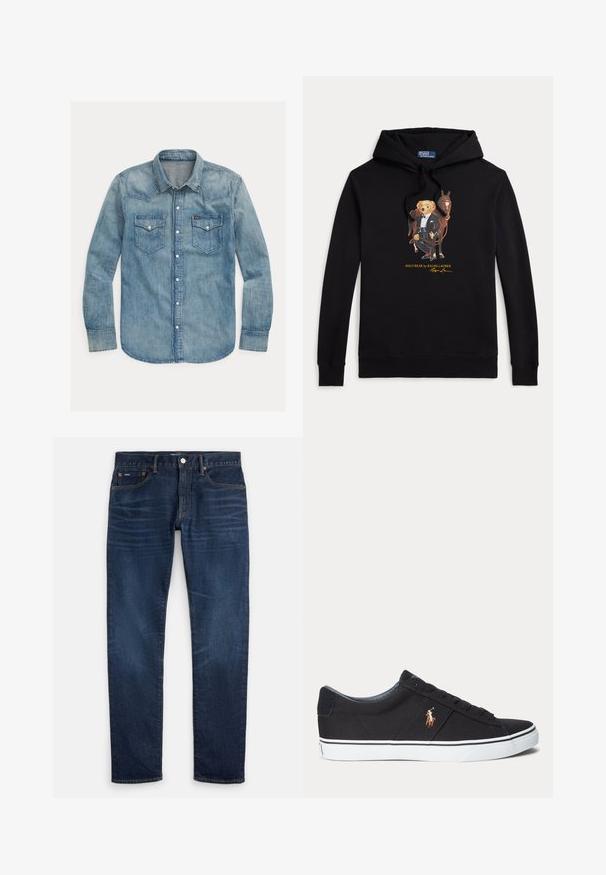 Must kapuutsiga dressipluus Polo Karuga smokis, kes hoiab hobuse ohje, tekst "POLO BEAR by RALPH LAUREN" graafika all.; Hele sinine teksapusa, millel on terav krae, pikad varrukad, kaks rinnataskut ja nupuvajutusega kinnitused. Klassikaline läänelike stiil.; Tumed sinised slim-fit teksad, millel on reitel õrn tuhmumine, viie tasku disain ja nööpkinnis vöökohal.; Must madala säärega toss valge tallaga ja külje peal tikitud polo mängija logoga, paeltega kinnitusega ja tekstureeritud kangast pealiskihiga.