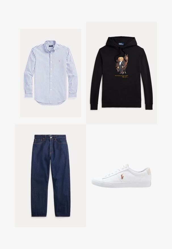 Schwarzer Hoodie mit Polo Bear im Smoking, der die Zügel eines Pferdes hält, Text "POLO BEAR by RALPH LAUREN" unter der Grafik.; Blau-weiß vertikal gestreiftes, langärmliges Hemd mit durchgehender Knopfleiste, geknöpftem Kragen und kleinem, aufgesticktem Logo auf der Brust.; Dunkelblaue Jeans aus Denim mit geraden Beinen, fünf Taschen, Knopfverschluss und sichtbaren Nähten.; Weiße Leinensneaker im Low-Top-Design mit einem beigen Ferseneinsatz und einem kleinen gestickten Logo an der Seite. Gummisohle.
