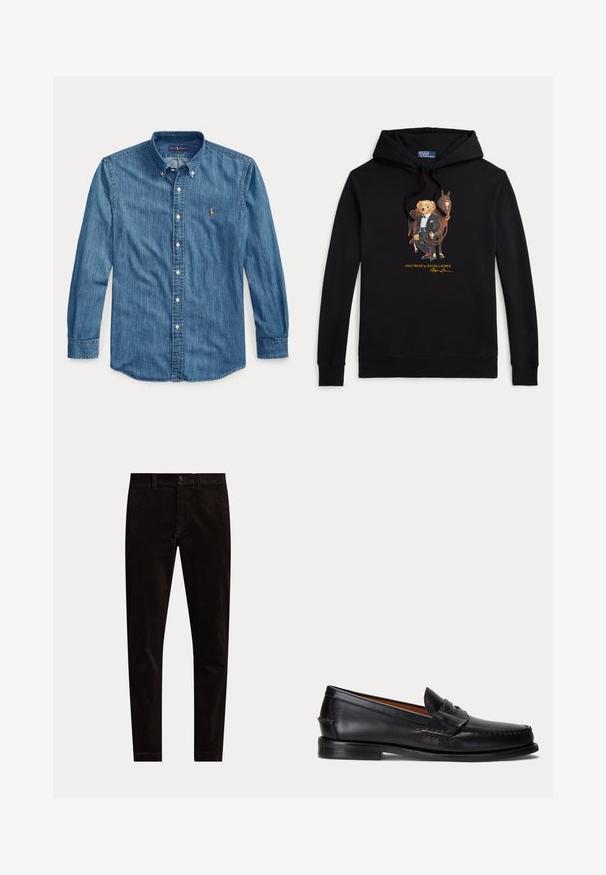 Zwarte hoodie met Polo Bear in een smoking die de teugels van een paard vasthoudt, tekst "POLO BEAR by RALPH LAUREN" onder de afbeelding.; Blauw denim overhemd met lange mouwen, kraag en klein geborduurd logo op de linkerborst naast de knopen.; Zwarte slim-fit corduroy broek met knoop- en ritssluiting, riemlussen en effen voorkant ontwerp op een witte achtergrond.; Zwarte leren loafer met lage hak en penny-strap detail, van opzij getoond op een lichtgrijze achtergrond.