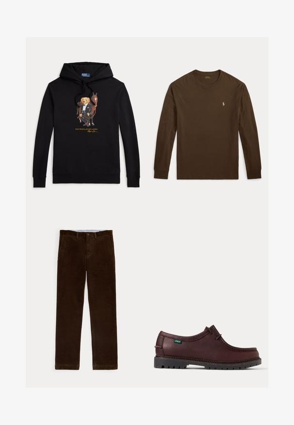 Sudadera negra con capucha con Polo Bear en esmoquin sosteniendo las riendas de un caballo, texto "POLO BEAR by RALPH LAUREN" debajo del gráfico.; Camiseta de manga larga marrón hecha de algodón. Cuenta con un cuello redondo y un pequeño logo dorado en el pecho izquierdo. Textura suave.; Pantalones de pana marrones con bolsillos frontales, trabillas para cinturón y cierre de botones, mostrados sobre un fondo blanco.; Zapato estilo mocasín de cuero marrón oscuro con suela negra resistente y etiqueta con el logo verde de Polo en el lateral, mostrado en vista lateral.