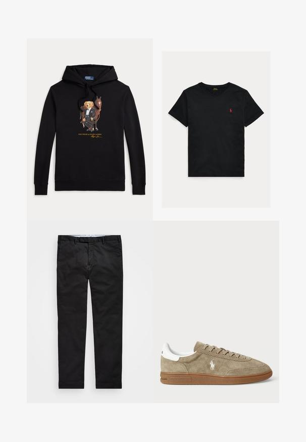 Čierna mikina s kapucňou s Polo Bear v smokingu, ktorý drží uzdu koňa, text "POLO BEAR by RALPH LAUREN" pod grafikou.; Čierne tričko s krátkym rukávom a výstrihom do V s malým červeným logom Polo Ralph Lauren vyšívaným na ľavej strane hrude.; Čierne chinos nohavice so strihom rovného nohavicu, vyrobené z bavlnenej zmesi, s bočným zipom, pútkami na opasok a bočnými vreckami. Hladká textúra.; Semišové tenisky v béžovej farbe s bielymi detailmi, s okrúhlou špičkou a viazaním. Obsahujú embosované logo a gumovú podrážku pre lepšiu trakciu.