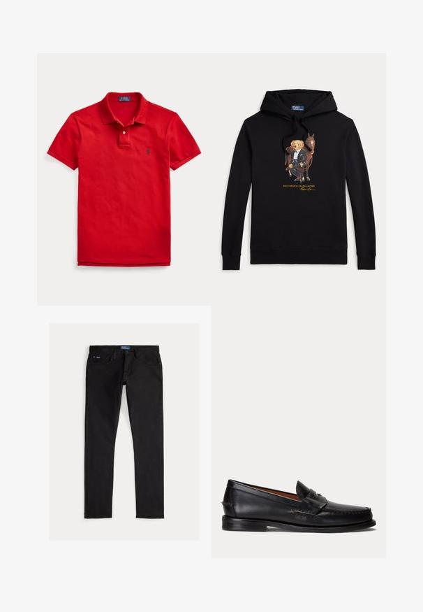 Čierna mikina s kapucňou s Polo Bear v smokingu, ktorý drží uzdu koňa, text "POLO BEAR by RALPH LAUREN" pod grafikou.; Červené polo tričko s krátkym rukávom, golierom, gombíkovou légou a malým tmavým logom na ľavej strane hrudníka, zobrazené na bielom pozadí.; Čierne úzke džíny z denimu s piatimi vreckami, pútkami na opasok a modrou značkovou štítkom na páse. Hladká, odolná látka.; Čierny kožený mokasín s nízkym podpätkom a detailom s penny remienkom, zobrazený z boku na svetlosivom pozadí.