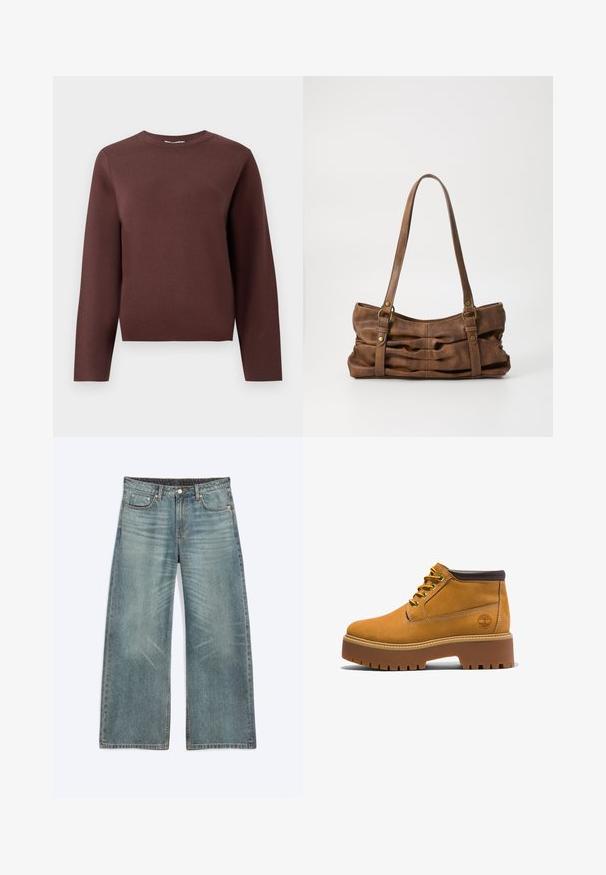 Bruin brei oversized trui met lange mouwen en ronde hals, plat gelegd op een effen lichte achtergrond.; Blauwe wijde denim jeans met voorzakken, riemlussen, knoopsluiting en subtiele vervaagde details op dijen en knieën.; Tan leren enkelboots met een ronde neus, bruine accenten, een dikke plateauzool en contrasterende gele veters. Heeft een logo aan de zijkant.; Even&Odd Handtas - brown