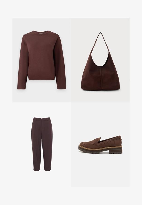 Pull-over en tricot marron à manches longues avec col rond et col en côtes, présenté à plat sur un fond clair uniforme.; Pantalon taille haute marron foncé avec une coupe décontractée, devant plissé et jambe fuselée, présentant une texture lisse et sans matériel visible.; TOMS CARA - Chaussons - dark brown; Sac hobo en daim marron avec une grande ouverture courbée et une large bandoulière. Présente une couture centrée à l'avant. Texture lisse.