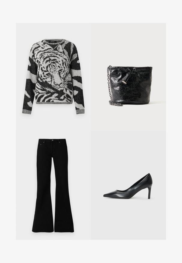 Suéter de punto en blanco y negro con un gráfico de tigre, escote redondo, mangas largas y dobladillo acanalado con un patrón texturizado.; Jeans negros acampanados de denim, con un diseño clásico de cinco bolsillos, cierre de botón y detalles de costura sutiles a lo largo de las costuras.; Zapato de tacón negro de cuero con punta afilada y un tacón delgado, textura suave y sin adornos visibles. Diseño limpio con una estética minimalista.; Bolso tipo cubo de cuero negro brillante con cierre de cordón y asa de cadena metálica sobre un fondo liso.