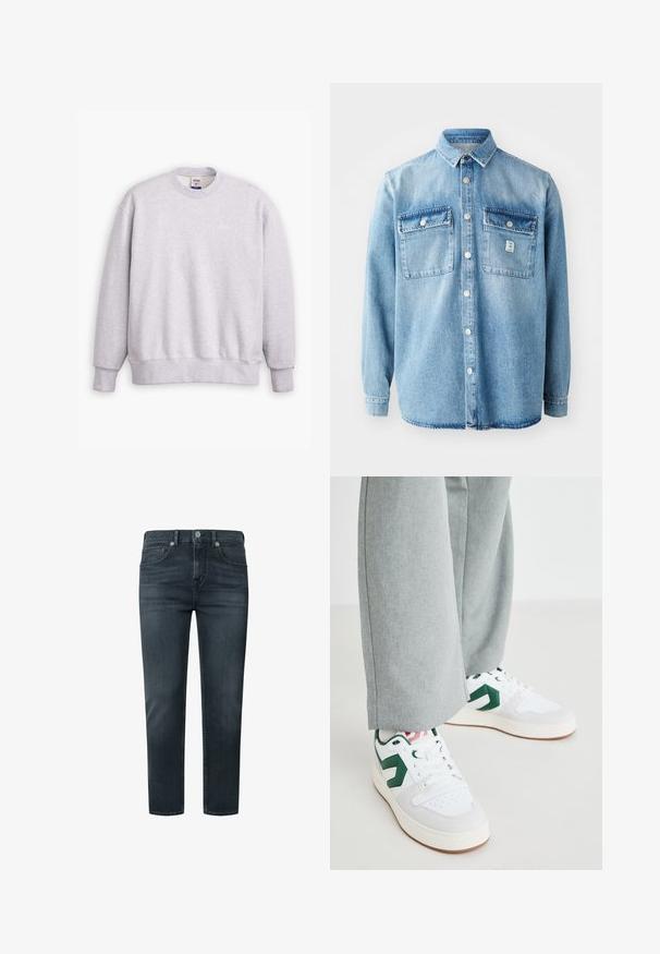 Grauer Sweatshirt mit Rundhalsausschnitt, langen Ärmeln, gerippten Bündchen und Saum. Auf der Vorderseite befindet sich ein kleines "Levi's"-Logo in Hellgelb.; Hellblaues Denimhemd mit langen Ärmeln, Punktkragen, zwei Brusttaschen und Knopfverschluss vorne. Verfügt über eine dezente Stofftextur und Nähdetails.; Dunkelgraue Denim-Jeans mit geradem Schnitt, fünf Taschen, Knopf- und Reißverschluss, sowie dezenten Nähten.; Weiße und grüne Sneakers aus glattem Leder und Wildleder, mit einem auffälligen grünen Logo-Akzent und weißen Schnürsenkeln. Graue Hosen sind teilweise sichtbar.