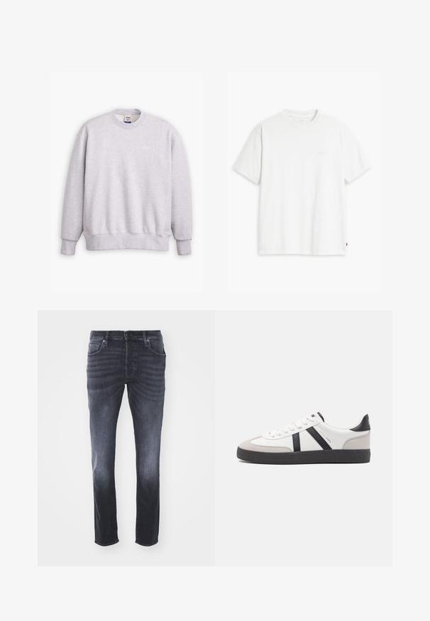 Sweatshirt gris à col rond, à manches longues, avec des poignets et un ourlet côtelés. Présente un petit logo "Levi's" en jaune clair sur le devant.; T-shirt en coton blanc à manches courtes, col rond, avec un logo "Levi's" discret imprimé en couleur claire sur le devant.; Jean en denim gris foncé avec un design classique à jambe droite, featuring des poches avant, une fermeture éclair avec bouton et un léger dégradé.; Baskets blanches avec des accents noirs et gris, présentant un embout texturé gris, une semelle en caoutchouc noir et des lacets plats blancs. Design épuré, style minimaliste.