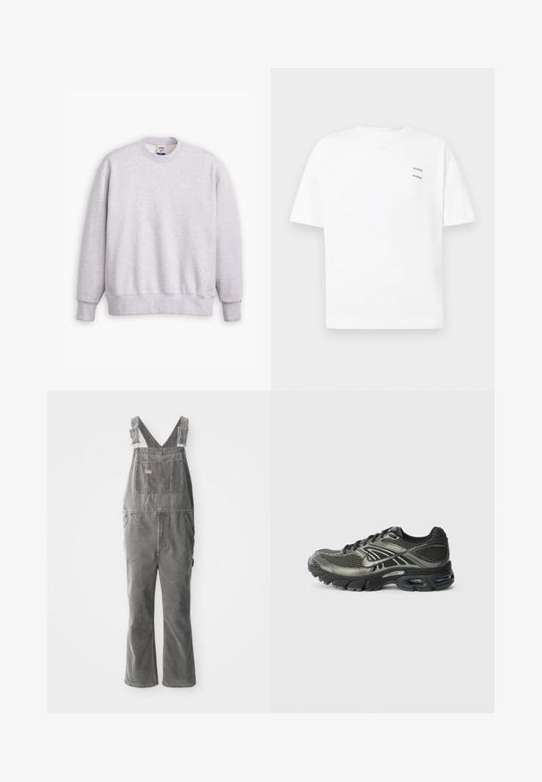 Sivý sveter s okrúhlym výstrihom, dlhými rukávmi, rebrovanými manžetami a lemom. Na prednej strane sa nachádza malé logo "Levi's" v svetložltej farbe.; Biely bavlnený tričko s voľným strihom, krátkymi rukávmi a výstrihom do V. Obsahuje dva malé čierne potlačené logá na ľavej strane.; Sivé denové kombinézy s nastaviteľnými ramienkami, predná náprsné vrecko, bočné vrecká a rozšírené nohavice. Pevná tkanina a voľný strih pre pohodlie.; Čierna a šedá bežecká obuv Nike s sieťovaným zvrškom, tlmenou podrážkou, viditeľným vzduchovým odpružením a šnúrkami na jednoduchom bielom pozadí.