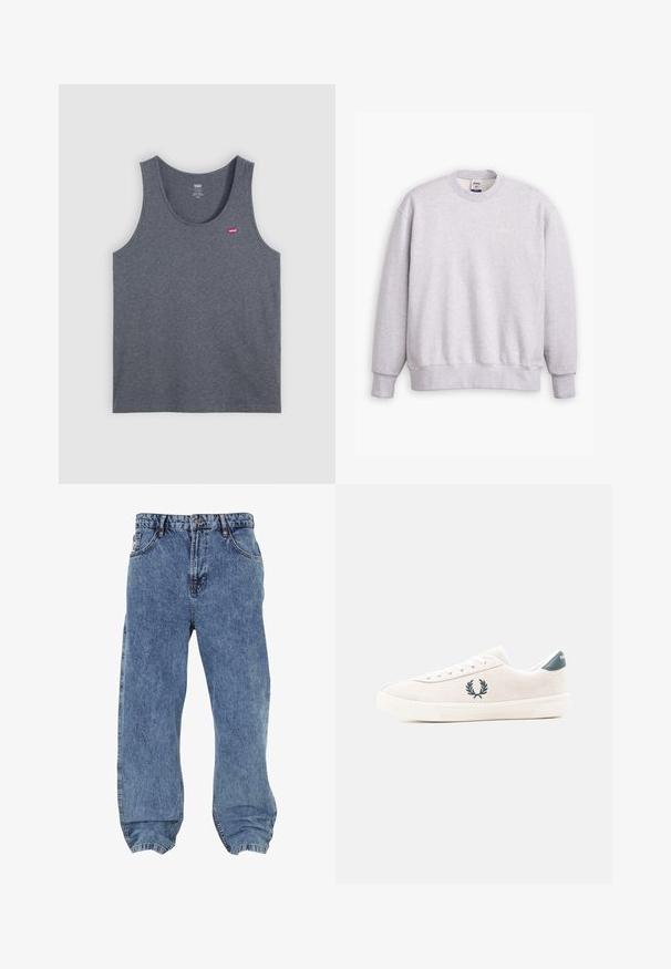 Harmaa collegepaita, jossa on pyöreä kaula-aukko, pitkät hihat, ja resorit hihansuissa ja helmassa. Edessä pieni "Levi's" -logo vaaleankeltaisena.; Harmaa puuvillainen hihaton toppi, pyöreä pääntie, olkaimeton malli ja pieni punainen Levi's-logo vasemman rinnan kohdalla. Yksivärinen pinta.; Vaaleansiniset farkut rentoa istuvuutta, joissa on joustava lahje, viisi taskua ja klassinen viiden vyölenkin muotoilu.; Matala beige mokkanahkainen tennari, jossa valkoinen pohja, nauhallinen etuosa, sivussa laakeriseppelelogo ja tummanvärinen kantalenkki.