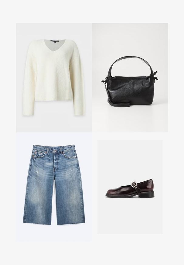 Pull en maille blanc à manches longues avec col en V et coupe décontractée, présenté sur un fond uni.; Short en denim bleu longueur genou avec légère usure, poches avant, passants de ceinture et fermeture par bouton.; Chaussure Mary Jane unique brillante couleur bordeaux foncé avec une large bride et une boucle argentée, talon bloc bas et bout arrondi sur fond blanc.; Sac à main en cuir noir au design structuré, avec une poignée arrondie et une bandoulière amovible. Présente une texture lisse et un éclat subtil.