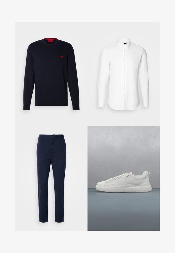 Suéter de punto azul marino con escote redondo, puños y dobladillo acanalados, y un pequeño logo rojo en el pecho. Textura suave, diseño casual.; Camisa blanca de manga larga, con cierre de botones en el frente, cuello clásico, confeccionada con una tela suave con una textura sutil, diseñada para un ajuste entallado.; Chinos azul marino de tela ligera, con un diseño de pierna recta, cierre de botón y bolsillos laterales. Textura suave y sin estampados.; Zapatilla blanca con un acabado de cuero liso, punta redonda, cuatro ojales, perforaciones sutiles y un detalle de logo rojo en el lateral.