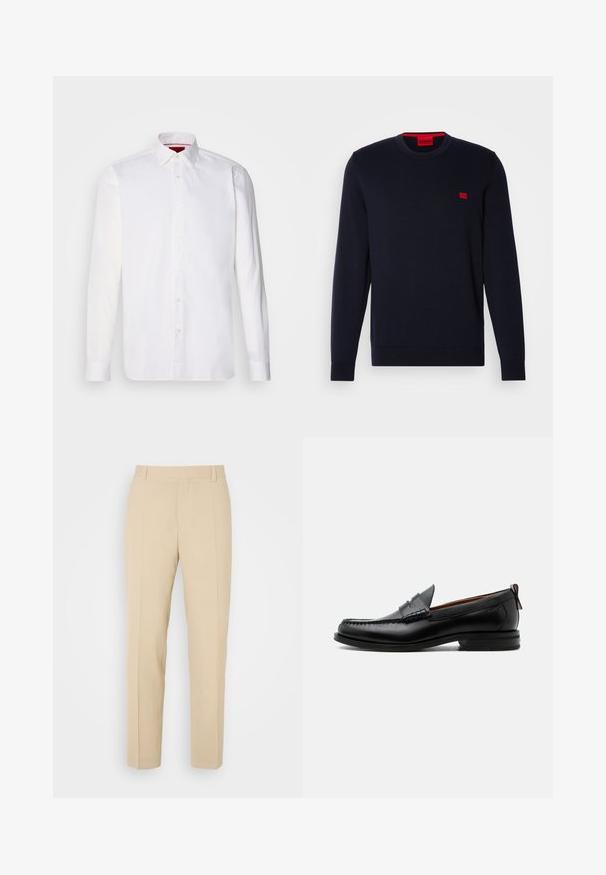 Pull en tricot bleu marine avec un col rond, des poignets et un ourlet côtelés, et un petit logo rouge sur la poitrine. Texture lisse, design décontracté.; Chemise blanche à manches longues en coton, avec un col classique, une patte de boutonnage à l'avant et une texture lisse. Détail rouge à l'intérieur du col.; Pantalons beige ajustés avec une coupe droite, fabriqués en tissu léger, dotés de deux poches avant et de plis bien repassés.; Mocassin homme en cuir noir avec couture moc toe, bride penny, col texturé et petit talon empilé sur fond blanc.