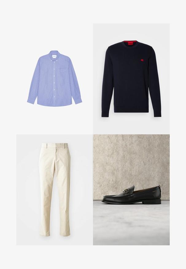 Pull en tricot bleu marine avec un col rond, des poignets et un ourlet côtelés, et un petit logo rouge sur la poitrine. Texture lisse, design décontracté.; Chemise boutonnée à rayures bleues et blanches ; manches longues, poche sur le côté gauche de la poitrine, et col classique. Tissu en coton.; Pantalons ajustés beige clair avec un motif texturé, coupe droite, et taille mi-haute, dotés de passants de ceinture et sans poches visibles.; Mocassin en cuir noir avec mors en métal doré et logo "HUGO", présenté sur un tapis beige et un meuble translucide marron.