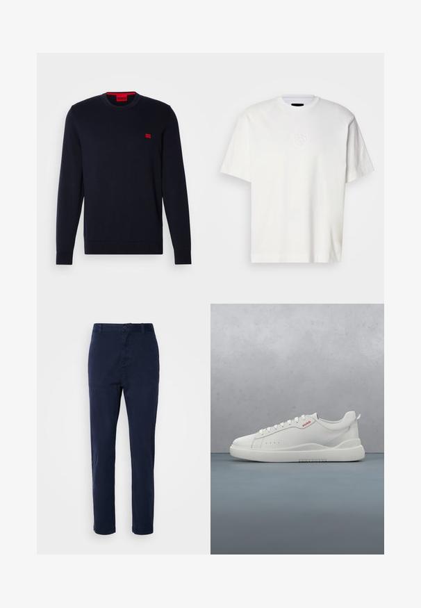 Marineblå strikketrøje med rund halsudskæring,-ribbede manchetter og kant samt et lille rødt logo på brystet. Glat tekstur, afslappet design.; Hvid bomulds T-shirt med rund hals, korte ærmer og præget cirkulært logo på venstre bryst. Glat tekstur og normale pasform.; Mørkeblå chinos lavet af letvægtsstof, med lige ben-design, knaplukning og sidelommer. Glat tekstur uden mønstre.; Hvide sneakers med en glat læderfinish, rund tå, fire snørehuller, subtile perforeringer og en rød logo detalje på siden.