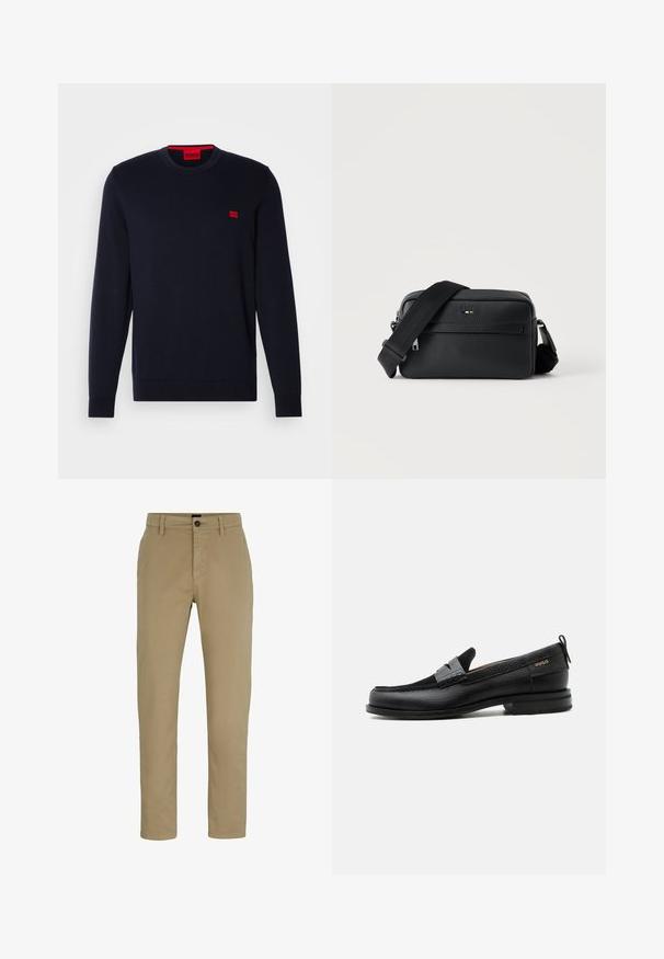 Tumesinine kootud sviiter ümarate kaelustega, ribidega varrukate ja äärega, ning väike punane logo rinna peal. Sile tekstuur, lõdva disainiga.; Beige puuvillased chinos slim lõikega, lameda esiotsaga ja nööpkinnisega. Omab vööauke ja küljetaskuid funktsionaalsuse huvides.; Must nahast loafer halli rihma detailiga, madala kand ja tekstuurse tallaga, külgedel kuldse "HUGO" brändiga.; Mustast tekstuuriga nahast ristkere kott esiküljel lukuga tasku ja reguleeritava laia kangast õlarihmaga valgel taustal.