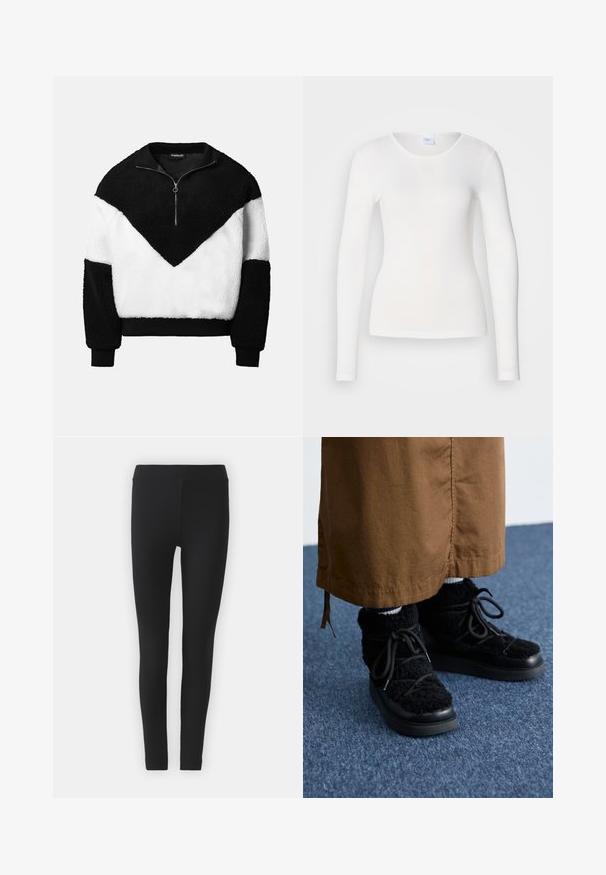 Värviplokkidest fliisist pehme pullover. Omadusteks must krae, poolel pikkusel lukk ja mustvalge ševroonimuster koos soonikkoes varrukaservadega.; Valge pika varrukaga särk, mis on valmistatud pehmest ja siledast kangast; sellel on ümar kaelus ja lähedane lõike, ilma mustrite või kaunistusteta.; Musthave mustrid, mis on valmistatud venivast kangast, sileda tekstuuriga, millel on kõrge vöökoht ja liibuv disain.; Mustad fliisidega mustad spordijalatsid platvormi tallaga, millel on nöörid, pehme tekstuur ja ümar varvas. Kombineeritud pruuni kangaga all.