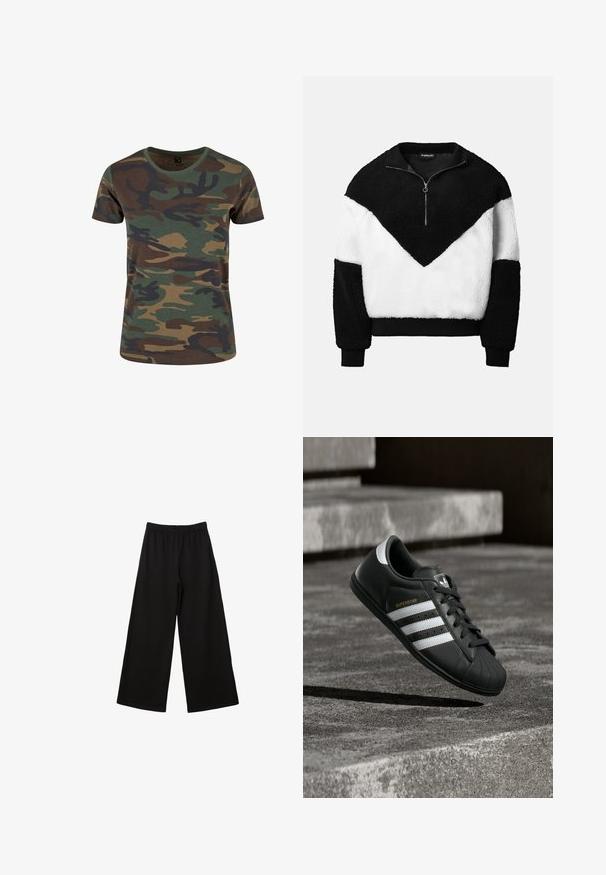 Color-blocket pullover lavet af blødt fleece. Har en sort krave, halv lynlås og et chevronmønster i sort og hvid med ribbede ærmegab.; Kamuflage T-shirt i grøn, brun og sort. Kortærmet, rund halsudskæring, blød tekstur og klassisk pasform med et mønster af organiske former.; Sorte vide bukser med elastisk talje, lavet af et glat stof. Har en løs pasform og et lige design, der går til anklerne.; Sort Adidas Superstar sneaker med hvide striber og guld "SUPERSTAR" tekst svævende over en betonoverflade nær trapper.