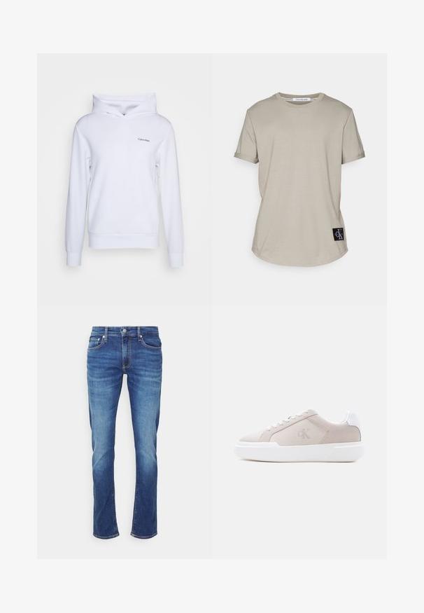 Haut à capuche blanc en matériau doux, avec une coupe décontractée, un col cheminée croisé, des manches longues et un petit logo sur le côté gauche à l'avant.; T-shirt en coton beige à col rond et manches courtes retroussées. Présente une étiquette noire avec un logo blanc au bas. Texture lisse.; Jean en denim bleu avec effets délavés, fermeture devant par bouton et fermeture éclair, et style cinq poches sur fond blanc simple.; Baskets basses beige avec semelle épaisse blanche, lacets et languette au talon, présentant un logo "cK" discret sur le panneau latéral.