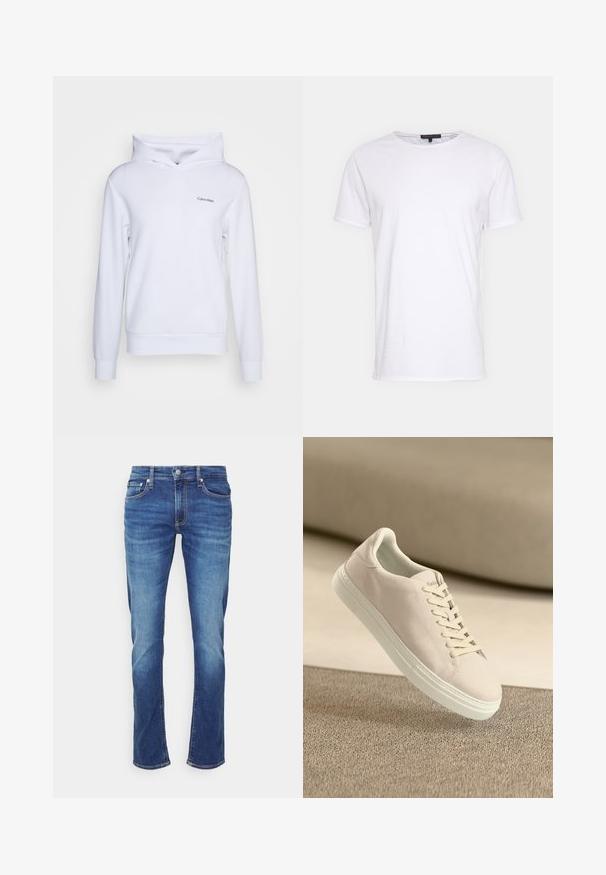Weißer Hoodie aus weichem Material mit lockerer Passform, einem überkreuzten Kragen, langen Ärmeln und einem kleinen Logo auf der linken Vorderseite.; Weißes Baumwoll-T-Shirt mit Rundhalsausschnitt, kurzen Ärmeln und geradem Schnitt. Verfügt über eine einfache, glatte Textur und keine zusätzlichen Muster.; Blaue Denim-Jeans mit ausgewaschenen Effekten, Frontknopf- und Reißverschluss sowie Fünf-Taschen-Design vor weißem Hintergrund.; Beige Wildleder-Sneaker mit weißer Sohle und Schnürsenkeln, die über einem strukturierten beigen Teppich vor einem sanften beigen Hintergrund schwebt.