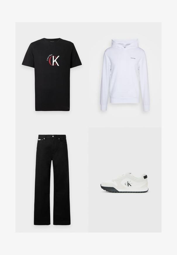 Hvid hoodie lavet af blødt materiale, med en afslappet pasform, en krydsende høj hals, lange ærmer og et lille logo på venstre front.; Sort bomulds-T-shirt med en hvid og rød "Calvin Klein"-logo samt et stiliseret "CK"-grafisk motiv foran. Korte ærmer.; Sorte denimbukser med bred ben-design, der har fem lommer og metallisk knapdetalje. Glat tekstur, uden synlige mønstre.; Calvin Klein hvid sneakers med sort sål, ruskind og mesh-paneler, CK-logo på siden og Calvin Klein-branding på hælen og sålen.