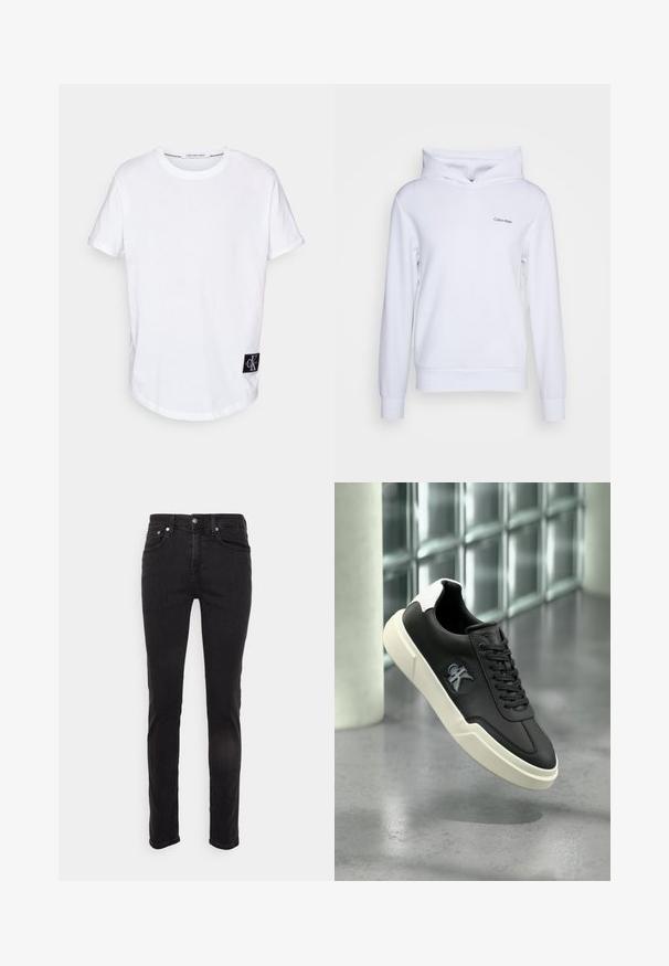 Witte hoodie gemaakt van zacht materiaal met een ontspannen pasvorm, een crossover-funnel hals, lange mouwen en een klein logo op de linkervoorzijde.; Witte katoenen T-shirt met opgerolde korte mouwen, ronde zoom en een zwart merketiket met "CK" aan de onderkant links.; Zwart slim-fit denim jeans met voorzakken, riemlussen en knoopsluiting, getoond tegen een effen lichte achtergrond.; Zwarte sneaker met witte zool en hielstuk, met een verhoogd "ck"-logo aan de zijkant, getoond tegen een achtergrond van een grijze gepolijste vloer en een muur van glazen blokken.