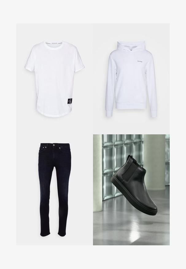 Hvid hoodie lavet af blødt materiale, med en afslappet pasform, en krydsende høj hals, lange ærmer og et lille logo på venstre front.; Hvid bomulds T-shirt med rullede korte ærmer, afrundet kant og et sort logo-tag med "CK" i nederste venstre hjørne.; Slim-fit mørkeblå jeans lavet af denim, med mid-rise talje, fem lomme design og kontraststing på lommerne.; Sort læder ankelstøvle med elastiske sidepaneler, der svæver over en poleret beton gulv og glasblokke i baggrunden.