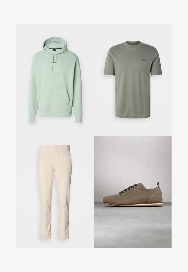 Sweat à capuche vert clair en tissu doux avec une poche avant, des cordons ajustables et un logo noir centré sur la poitrine.; T-shirt unisexe à manches courtes et col rond, couleur vert olive uni, avec petit logo "BOSS" brodé sur le côté gauche de la poitrine.; Pantalon beige clair à texture lisse, coupe ajustée, fermeture par bouton et poches latérales. Aucun motif ou accent visible.; Baskets en daim marron clair avec lacets noirs, bout arrondi, languette à l'arrière et semelle en caoutchouc plate ornée de rayures blanches et marron.