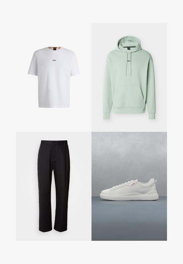 Lichtgroene hoodie van zachte stof met een voorzak, verstelbare trekkoorden en een zwart logo in het midden van de borst.; Witte katoenen T-shirt met korte mouwen, voorzien van een zwart "BOSS"-logo in het midden van de borst en een ronde halsontwerp.; Zwarte broek met een rechte snit, gemaakt van lichtgewicht stof. Heeft een frontale knoopsluiting en twee zijzakken; gladde textuur.; Witte sneaker met een gladde leren afwerking, ronde neus, vier veterogen, subtiele perforaties en een rood logo detail aan de zijkant.
