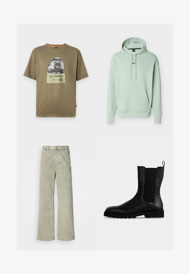 Lysegrøn hættetrøje i blødt stof med en frontlomme, justerbare snore og et sort logo centreret på brystet.; Grøn bomulds T-shirt med korte ærmer, der har et grafisk tryk af et køretøj og teksten "ALL-TERRAIN" på et firkantet mærke.; Lys grøn brede jeans med høj talje, lavet af denim, med knaplukning og klassisk fem-lommer design.; Sort læderankelstøvle med elastisk sidepanel, chunky sål og trækflig bagpå, med et lille guld "Hugo" logo nær hælen.