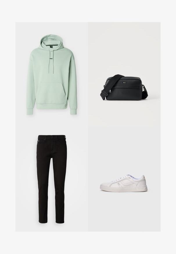 Lysegrøn hættetrøje i blødt stof med en frontlomme, justerbare snore og et sort logo centreret på brystet.; Sorte denimjeans med lige ben, lynlås og fem lommer. Stoffet har en glat tekstur uden synlige mønstre.; Hvid lavtop sneaker med snørebånd, syning detaljer og "BOSS" branding på siden og sålen, vist fra ydersiden.; Sort tekstureret læder crossbody taske med front lynlåslomme og justerbar bred stofskulderrem på hvid baggrund.