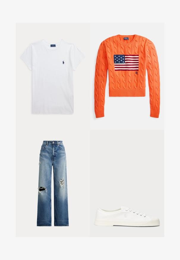Strickpullover mit Zopfmuster in leuchtendem Orange, mit blauem amerikanischem Flaggenmotiv und roten sowie weißen Streifen. Gerippte Bündchen und Saum. Klassischer Rundhalsausschnitt.; Weißes T-Shirt mit kurzen Ärmeln und Rundhalsausschnitt mit kleinem dunkelblauem Polo Ralph Lauren Logo auf der linken Brust.; Weitbeinige blaue Jeans aus Denim mit aufgerissenen Knien, hoher Taille, Knopfverschluss und klassischem Fünf-Taschen-Design.; Weiße Leinensneaker mit runder Zehenpartie, Schnürverschluss und dezentem Logodetail. Verfügt über ein strukturiertes Gewebe und eine Gummisohle.