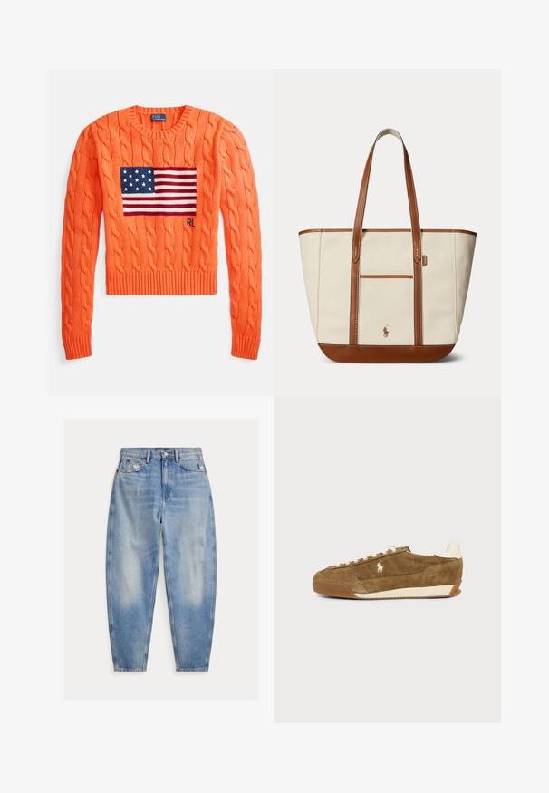 Pull en maille torsadée de couleur orange vif avec un design de drapeau américain bleu et des rayures rouges et blanches. Poignets et ourlet côtelés. Col rond classique.; Jean denim bleu clair taille haute avec légère décoloration et usure près des poches avant, style cinq poches et jambes fuselées.; Baskets basses en daim marron avec lacets blancs, semelle beige et petit logo blanc de cheval sur le côté.; Sac cabas en toile beige avec garniture en cuir marron, poignées et un petit logo brodé sur la poche avant.
