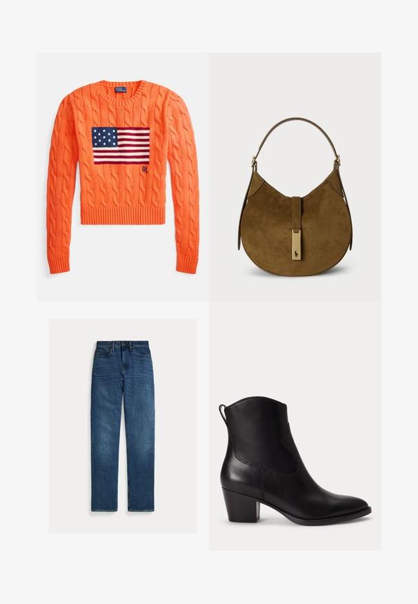 Strickpullover mit Zopfmuster in leuchtendem Orange, mit blauem amerikanischem Flaggenmotiv und roten sowie weißen Streifen. Gerippte Bündchen und Saum. Klassischer Rundhalsausschnitt.; Straight-leg blaue Denim-Jeans mit fünf Taschen, Knopfverschluss und subtilen Verwaschungen an Oberschenkeln und Knien, flach auf weißem Hintergrund gelegt.; Schwarzer Lederknöchelstiefel mit niedrigem Blockabsatz, abgerundeter Spitze und Zuglasche hinten vor schlichtem weißem Hintergrund.; Wildlederhandtasche in Dunkelbraun mit geschwungener Silhouette. Verfügt über einen oberen Griff und ein metallisches Logo-Detail an der vorderen Verschlussklappe.