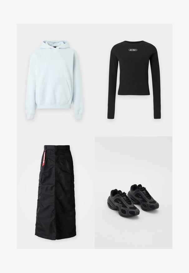 Helehall sinine pullover-tunketükk ees oleva kängurutasku, soonikkoes varrukate otste ja alaosa ning väikese tagasihoidliku logoga vasakul rinnal.; Must mustriba mustikateega lühike topp, millel on ümar kaelus ja valge "jordan" logo, mis on keskendatud rinnal.; Must muströöm muströöm koos esise nupu ja tõmblukuga, külgmiste cargo-kottidega ning punase "Eemalda enne lendu" kangast sildiga vöökohtadel.; Mustad mustad Nike spordijalatsid, millel on võrkpaneelid ja nahapaneelid, ainulaadsed lõikeavad ning pehmendatud kaelused. Küljel olevad läikivad aktsendid toovad esile kaasaegse disaini.
