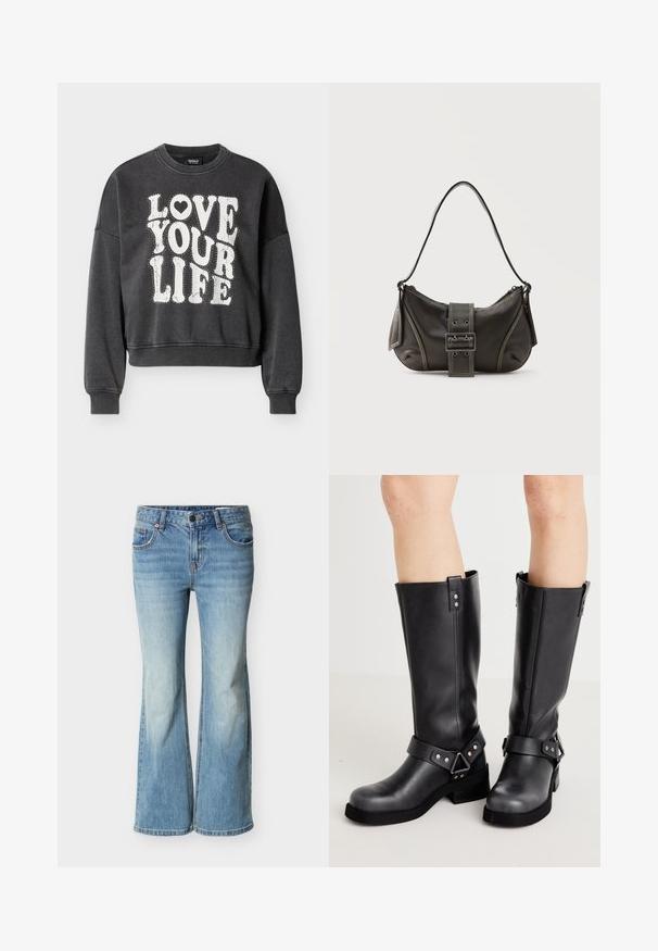 Schwarzer, kurz geschnittener Pullover mit Rundhalsausschnitt, large weißen Schriftzug "LOVE YOUR LIFE" und einem Herz-Akzent, aus einem bequemen Stoff gefertigt.; Hellblaue Jeans mit ausgestelltem Bein aus Denim, ausgestattet mit klassischem Fünf-Taschen-Design, Knopfverschluss und allmählichem Verblassen zum Saum hin.; Schwarze Lederstiefel bis zum Knie mit weiter Schaftweite, Riemenverzierungen, silbernen Beschlägen und flacher Sohle. Glatte Textur mit leichtem Glanz.; Schwarze Leder-Schultertasche mit Schnallengurt-Detail, abgerundeten Kanten und kontrastierenden weißen Nähten auf schlichtem Hintergrund.