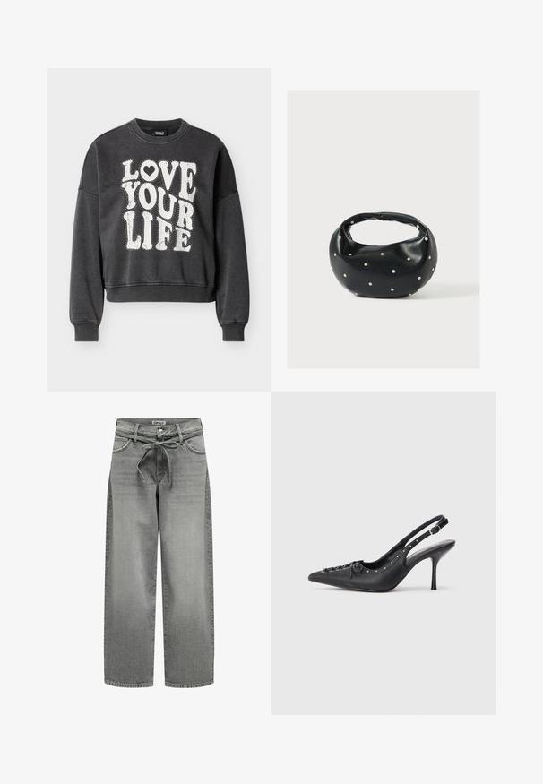 Sort cropped sweatshirt med rund halsudskæring, med stor hvid tekst "LOVE YOUR LIFE" og et hjerteaccenter, lavet af behageligt stof.; Bredde grå denim jeans med snøre i taljen og forlommer. Stoffet har en let struktur og en falmet overflade.; Sorte læder slingback stiletto med spids tå, side spændebånd, nitter langs kanten og dekorativ snøring foran.; Sort læderhåndtaske med en rundet form, dekoreret med sølvnitter, og et kort håndtag. Glat tekstur og lynlåslukning.