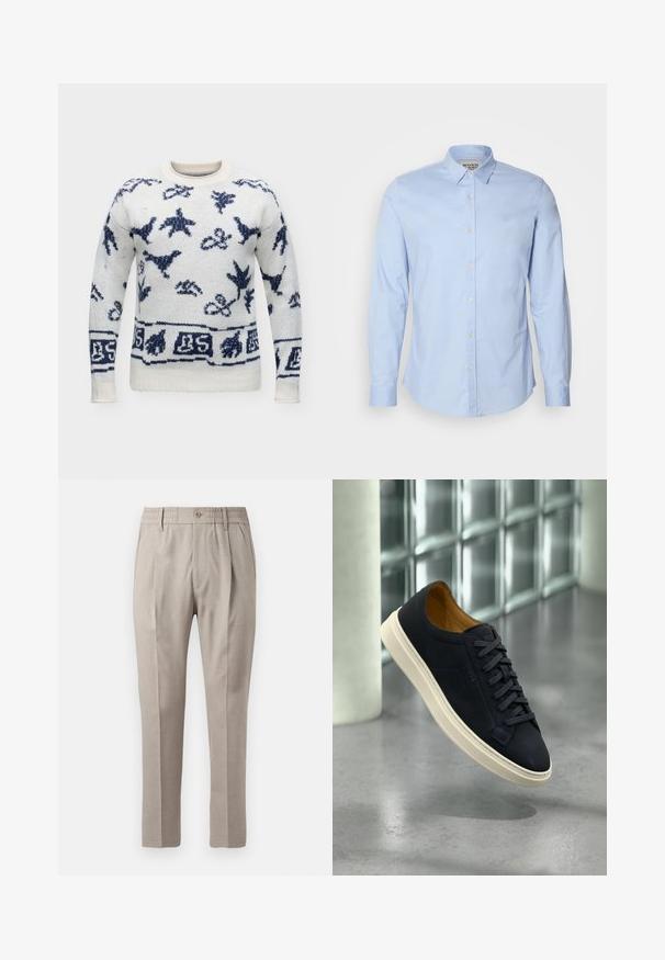 Hvid strikket sweater med navyblå abstrakte fugle- og bladmønstre, med rund hals og ribstrikkede manchetter og kant.; Lysblå langærmet skjorte lavet af bomuld, med en button-down krave, frontknapper og et diskret logo broderet på brystet.; Beige skræddersyede bukser med en glat overflade, der har knaplukning, elastisk talje og to forlommer. Lige ben-design.; Sort lavtop lædersneaker med hvid sål og snørebånd, mærket "BOSS," vist svævende over grå poleret gulv nær glasblokvæg.