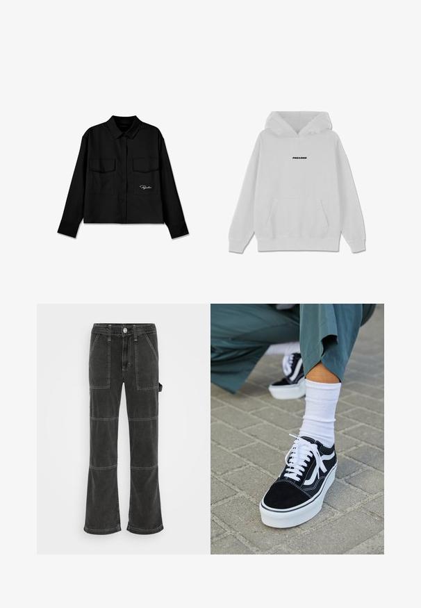 Sudadera blanca con un bolsillo frontal y capucha con cordones. Presenta el texto negro "PEGAODR" centrado en el pecho. Material suave de mezcla de algodón.; Camisa negra corta con cuello puntiagudo, doble bolsillo en el pecho, botones al frente y logo bordado en el lado izquierdo. Textura de tela suave.; BDG Urban Outfitters UTILITY SKATE - Vaqueros boyfriend - washed black; Zapatillas de ante negro con acentos y cordones blancos, que cuentan con una gruesa suela blanca y costuras en contraste, combinadas con un calcetín blanco.