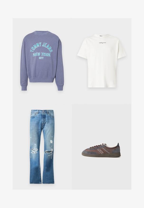 Sudadera de cuello redondo morada con puños y dobladillo de canalé, que presenta el texto "Tommy Jeans New York City" en azul y blanco en el frente.; Camiseta de algodón blanca con cuello redondo y mangas cortas. En la parte frontal se muestra el logo en negro "TOMMY JEANS" centrado cerca del escote.; Jeans de mezclilla azules de pierna recta con un lavado descolorido y múltiples desgastes en ambas rodillas y muslos superiores.; Zapatilla baja con cordones en ante marrón y gris con la marca "Tommy Jeans" en el lateral y la suela, sobre un fondo gris claro.