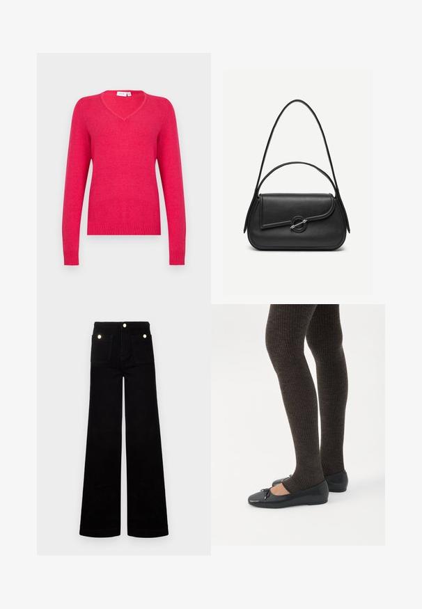 V-Ausschnitt Pullover in leuchtendem Pink, gefertigt aus weichem Material. Lange Ärmel mit gerippten Bündchen und Saum für eine figurbetonte Passform. Minimalistisches Design.; Schwarze, ausgestellte Jeans aus Denim mit hoher Taille, zwei vorderen Taschen und goldfarbenen Hardware-Akzenten. Glatte Textur, weites Bein-Design.; Beine in dunklen, gerippten Leggings kombiniert mit schwarzen Ballerinas mit kleinen Schleifendetails auf weißem Hintergrund.; Schwarze Lederhandtasche mit abgerundeten Kanten, asymmetrischem Überschlag, metallfarbenem runden Verschluss und kurzen sowie langen Schulterriemen.