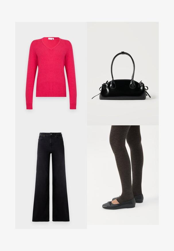 Pull en V de couleur rose vif, fabriqué en matière douce. Manches longues avec poignets et ourlet côtelés pour un ajustement près du corps. Design minimaliste.; Jean large taille haute noir avec poches avant, passants de ceinture et fermeture à bouton.; Jambes portant des leggings côtelés foncés associés à des ballerines noires avec de petits détails en nœud sur fond blanc.; Petit sac à main noir brillant avec deux longues anses et des détails à cordon sur les côtés sur un fond clair uni.