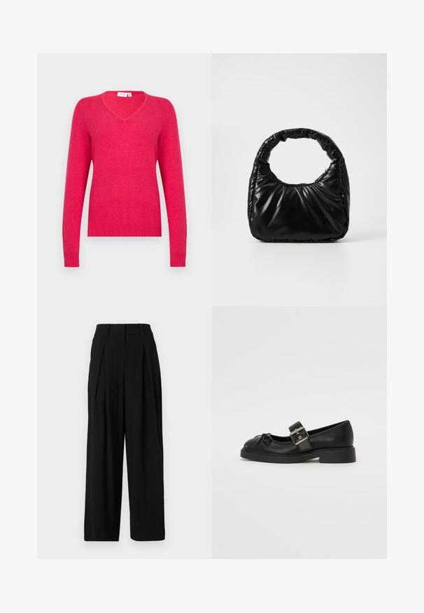 V-hals sweater i klar pink, lavet af blødt materiale. Lange ærmer med ribkant ved ærmer og kant for et tætsiddende look. Minimalistisk design.; Sorte vide benbukser lavet af glat stof, med en høj talje, folder foran og en flydende silhuet.; Sort læder Mary Jane-sko med rund tå, ankelrem og sølv spænde detalje. Har en flad, chunky sål og en sløjfe akcent.; Sort polstret håndtaske med et rundt håndtag, der har en glat, skinnende overflade og en blød, kviltet tekstur. Ingen synlige hardware eller accenter.