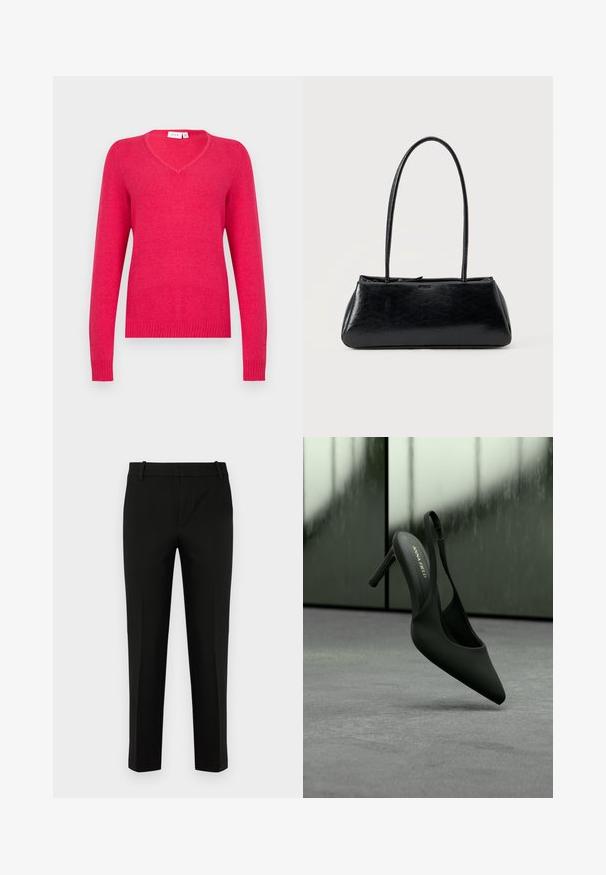 V-hals sweater i klar pink, lavet af blødt materiale. Lange ærmer med ribkant ved ærmer og kant for et tætsiddende look. Minimalistisk design.; Sort bukser med slim fit, der har flad front, sidelommer og en glat tekstur. Designet med mellemhøj talje og tapered ben.; Sort slingback sko med høj hæl, spids tå og ankelrem, mærket "ANNA FIELD", svævende let over en grå overflade.; Sort rektangulær skuldertaske med lange tynde stropper og en glat, blank tekstur på en ensfarvet baggrund.