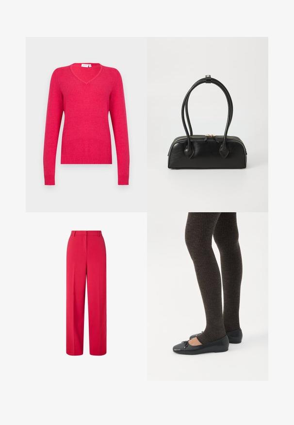 V-hals sweater i klar pink, lavet af blødt materiale. Lange ærmer med ribkant ved ærmer og kant for et tætsiddende look. Minimalistisk design.; Højtaljede, vide røde bukser med bæltesløjfer og skjult frontlukning på en hvid baggrund.; Ben iført mørke ribbede leggings kombineret med sorte balletsko med små sløjfedetaljer på hvid baggrund.; Sort læder håndtaske med to langstrakte håndtag, lynlåslukning og afrundet form; glat tekstur med en subtil blank finish.