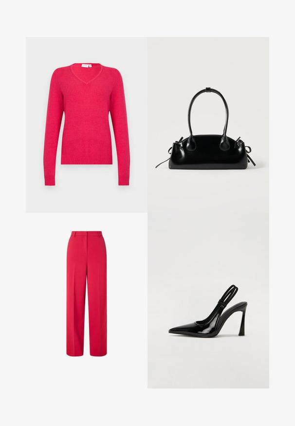 Suéter de escote en V en color rosa brillante, hecho de material suave. Mangas largas con puños y dobladillo acanalados para un ajuste ceñido. Diseño minimalista.; Pantalones rojos de cintura alta y pierna ancha con pasadores de cinturón y cierre frontal oculto sobre un fondo blanco.; Zapato de tacón con tirante en negro de charol, punta afilada, tacón alto y delgado, y doble tira elástica para un ajuste seguro. Superficie suave y brillante.; Pequeño bolso negro brillante con dos asas largas y detalles de cordón lateral sobre un fondo claro liso.