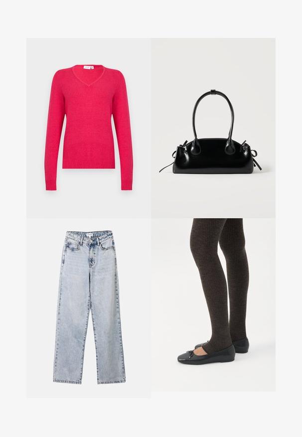 V-hals sweater i klar pink, lavet af blødt materiale. Lange ærmer med ribkant ved ærmer og kant for et tætsiddende look. Minimalistisk design.; Lysblå lige ben jeans lavet af denim, med to frontlommer, en knaplukning og kontraststing langs sømmene.; Ben iført mørke ribbede leggings kombineret med sorte balletsko med små sløjfedetaljer på hvid baggrund.; Lille sort blank håndtaske med to lange håndtag og snøre-detaljer i siden på en ensfarvet lys baggrund.