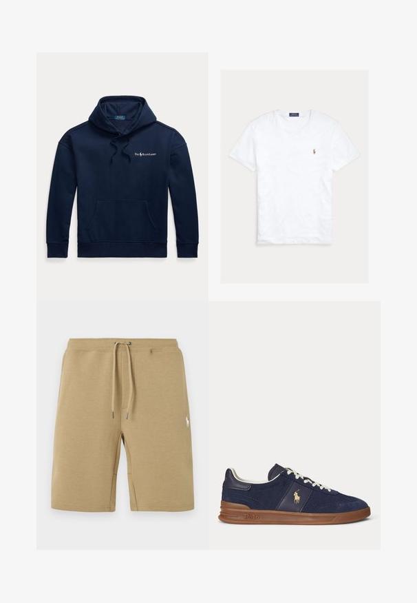 Marineblå hættetrøje med frontlomme, snøretrækshætte og lille hvid Polo Ralph Lauren-logo på venstre bryst.; Hvid T-shirt med rund hals og korte ærmer med lille broderet Polo Ralph Lauren-logo på venstre bryst og blå mærkeetiket indvendigt i kraven.; Beige bomuldsshorts med snøre i taljen og hvidt broderet logo på højre lår.; Mørkeblå lavtopsneaker med hvide snørebånd, brun sål og Polo-spiller logo på siden, set fra venstre.